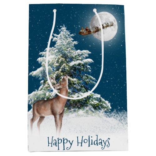 Deer and Santa In Sleigh on Moon Medium Gift Bag