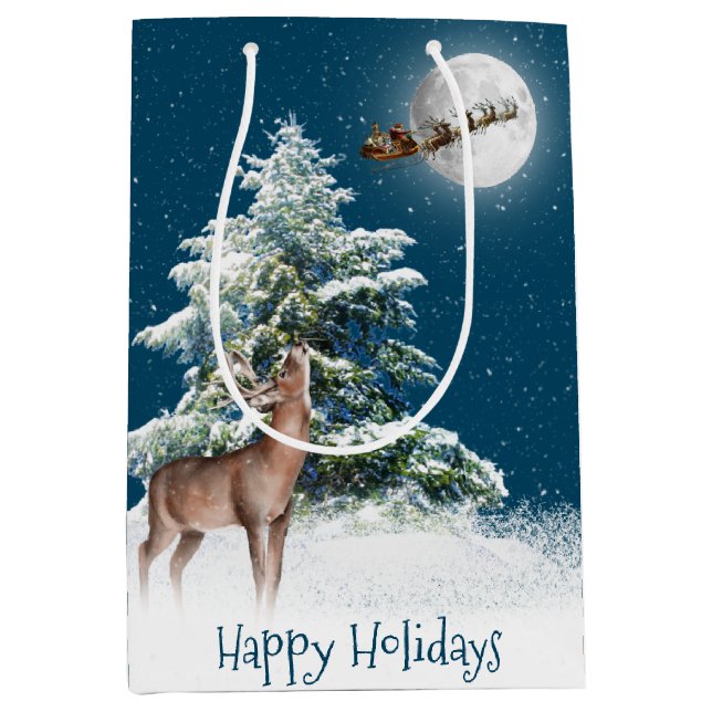 Deer and Santa In Sleigh on Moon Medium Gift Bag (Front)