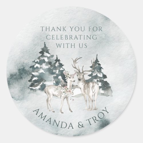 Deer and Snow Covered Trees Small Round Labels