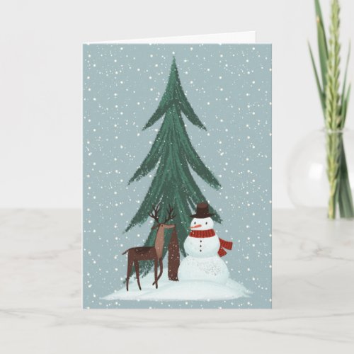 Deer and Snowman in Snowflakes Card