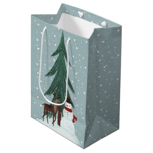 Deer and Snowman in Snowflakes Medium Gift Bag