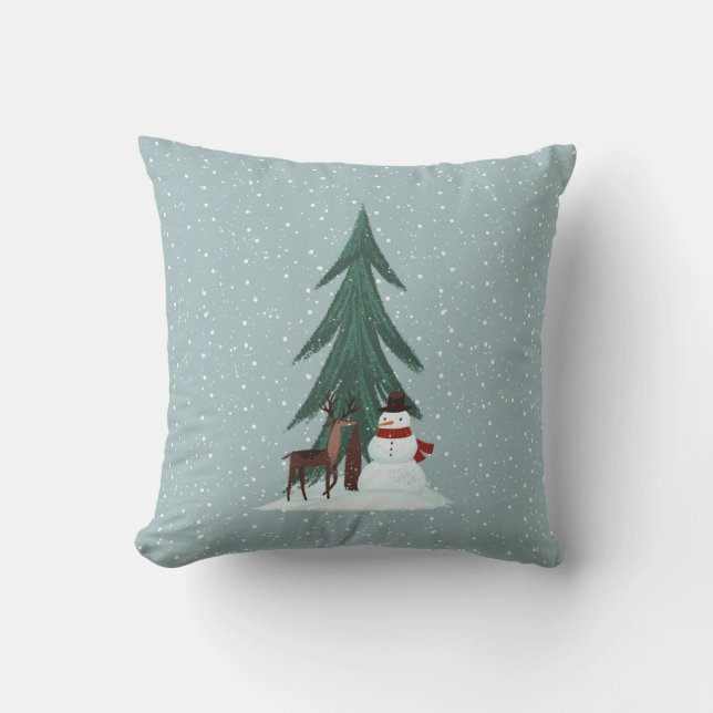 Deer and Snowman in Snowflakes Throw Pillow (Front)