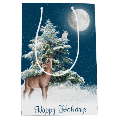 Deer and Snowy Owl in Snowflakes Medium Gift Bag