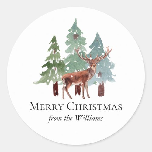 Deer And Snowy Pine Christmas  Classic Round Sticker