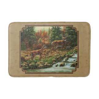 Deer and Stream Waterfall Tan Bathroom Mat