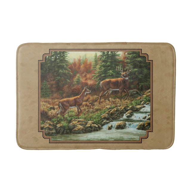 Deer and Stream Waterfall Tan Bathroom Mat (Front)