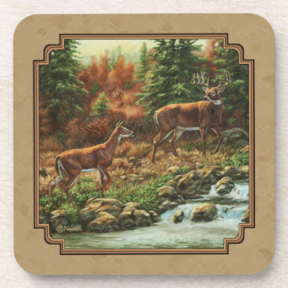 Deer and Stream Waterfall Tan Beverage Coaster