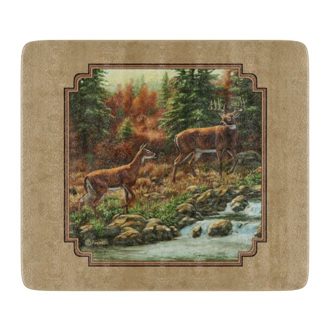 Deer and Stream Waterfall Tan Cutting Board (Front)