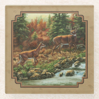 Deer and Stream Waterfall Tan Glass Coaster