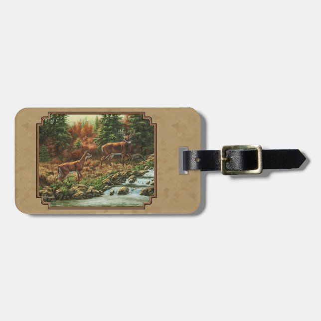 Deer and Stream Waterfall Tan Luggage Tag (Front Horizontal)