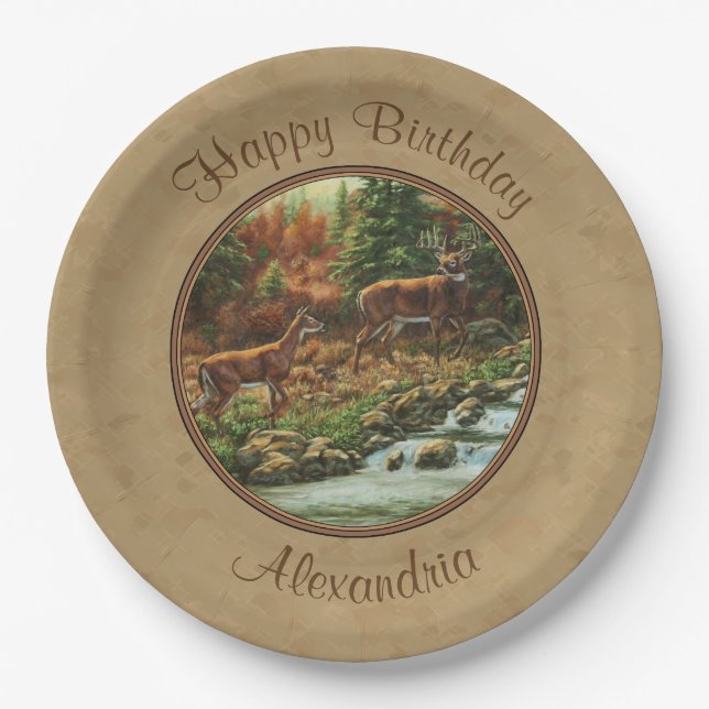 Deer and Stream Waterfall Tan Paper Plates (Front)