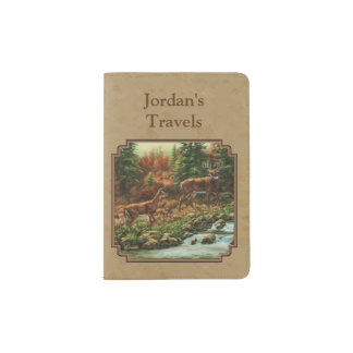 Deer and Stream Waterfall Tan Passport Holder