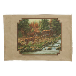 Deer and Stream Waterfall Tan Pillow Case