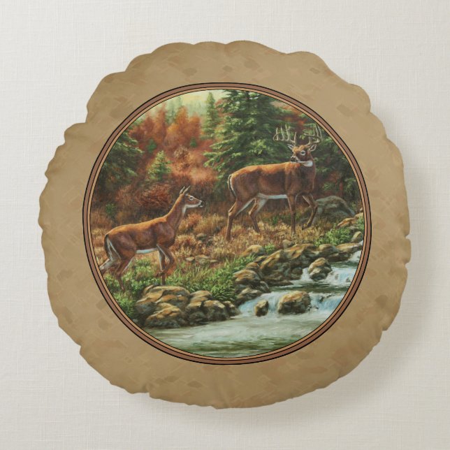 Deer and Stream Waterfall Tan Round Pillow (Front)