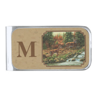 Deer and Stream Waterfall Tan Silver Finish Money Clip