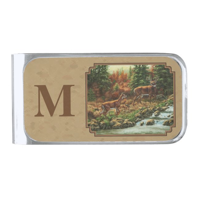 Deer and Stream Waterfall Tan Silver Finish Money Clip (Front)