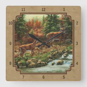 Deer and Stream Waterfall Tan Square Wall Clock