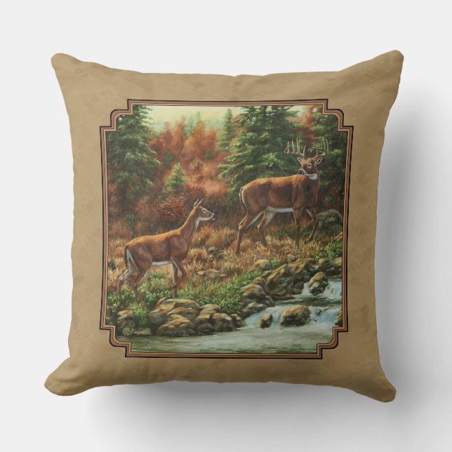 Deer and Stream Waterfall Tan Throw Pillow (Front)