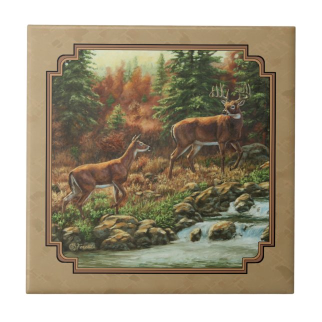 Deer and Stream Waterfall Tan Tile (Front)