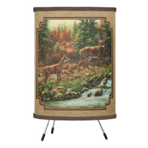 Deer and Stream Waterfall Tan Tripod Lamp