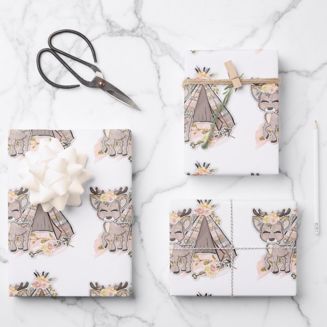 Deer and Tent Cute Outdoor  Wrapping Paper Sheets (Front)