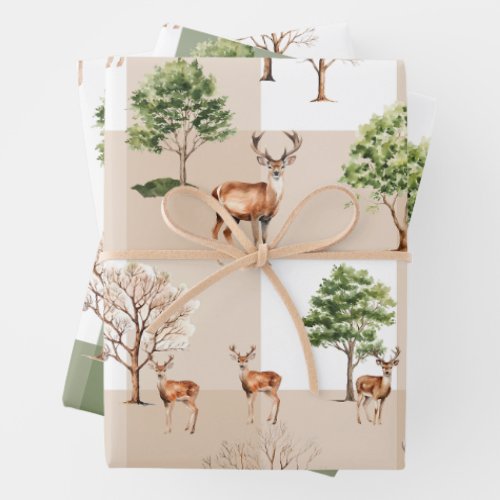 Deer and Trees Buffalo Check Tan Green White Wrapping Paper Sheets