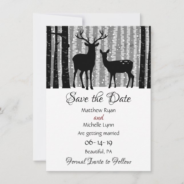 Deer and Trees Rustic Winter Woodland Wedding Save The Date (Front)