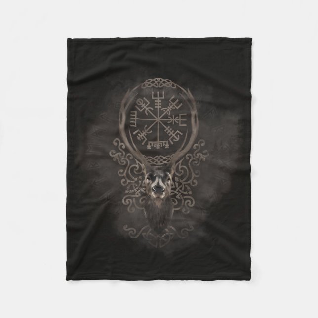 Deer and Vegvisir - Viking  Navigation Compass Fleece Blanket (Front)