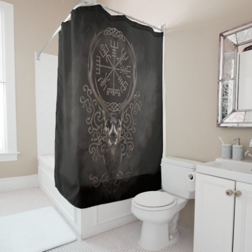 Deer and Vegvisir _ Viking  Navigation Compass Shower Curtain