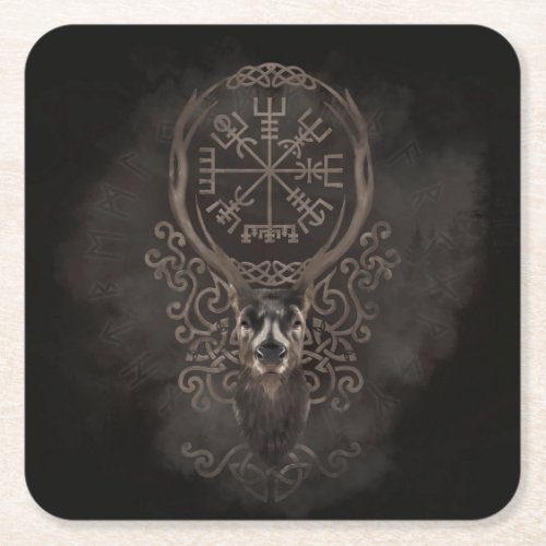 Deer and Vegvisir _ Viking  Navigation Compass Square Paper Coaster