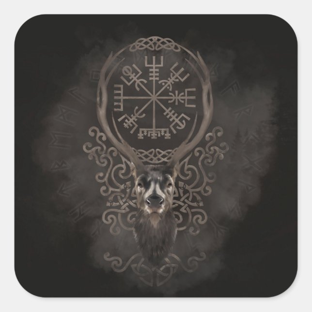 Deer and Vegvisir - Viking  Navigation Compass Square Sticker (Front)