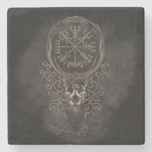 Deer and Vegvisir - Viking Navigation Compass Stone Coaster