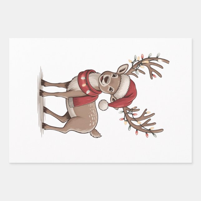 Deer Animal Christmas Deer Santa Hat Xmas  Wrapping Paper Sheets (Front)