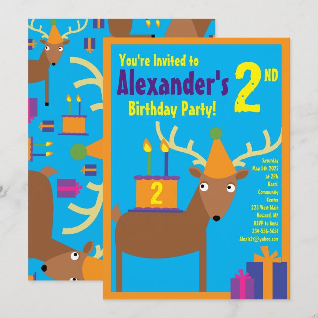 Deer Animal Kid's Birthday Party Invitations (Front/Back)