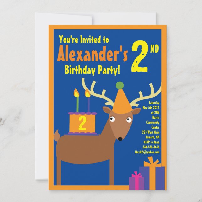Deer Animal Kid's Birthday Party Invitations (Front)