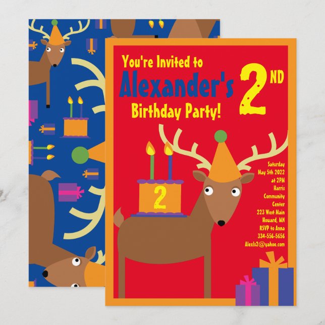 Deer Animal Kid's Birthday Party Invitations (Front/Back)