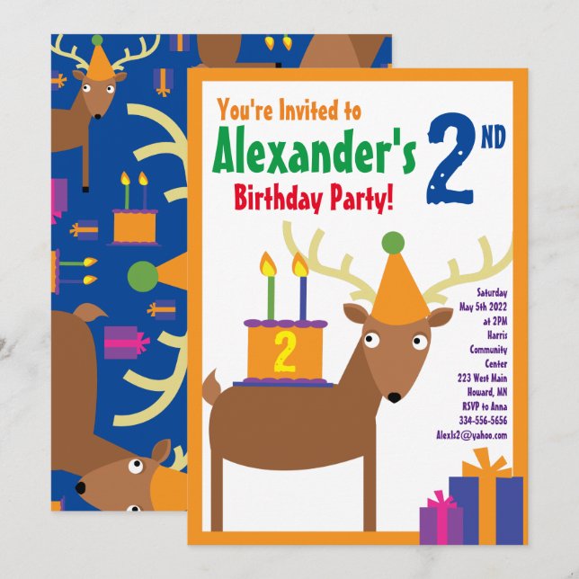 Deer Animal Kid's Birthday Party Invitations (Front/Back)