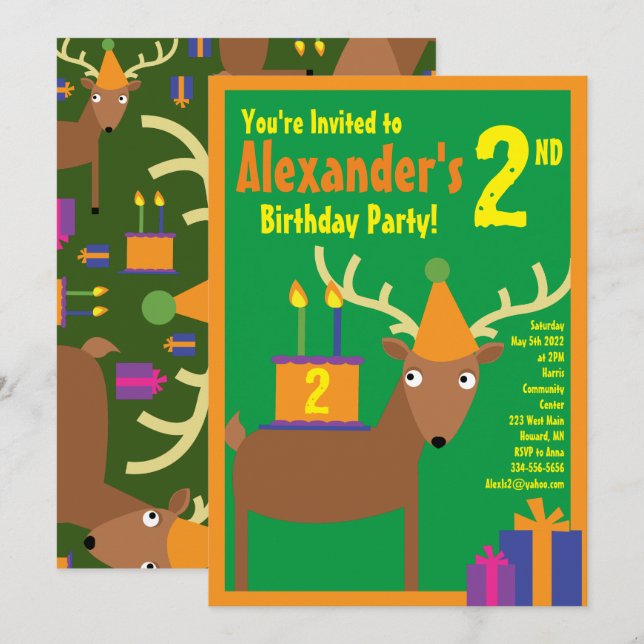 Deer Animal Kid's Birthday Party Invitations (Front/Back)