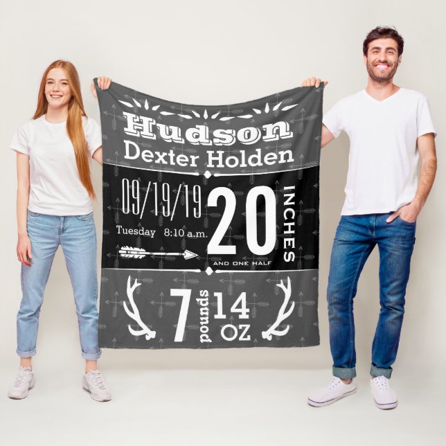 Deer Antler Arrow Any Color Baby Birth Stats Fleece Blanket (In Situ)