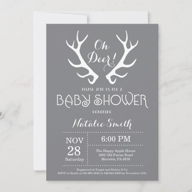 Deer Antler Baby Shower Invitation Gray (Front)