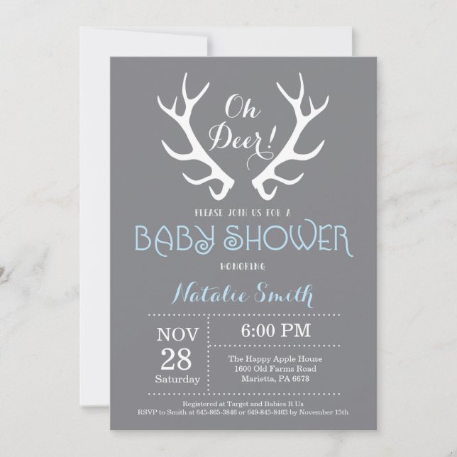 Deer Antler Baby Shower Invitation Gray and Blue (Front)