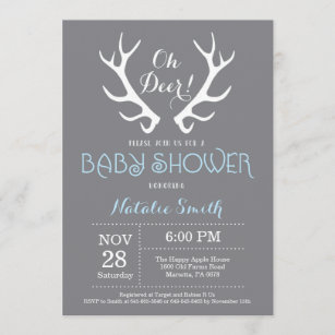 Deer Antler Baby Shower Invitation Gray and Blue