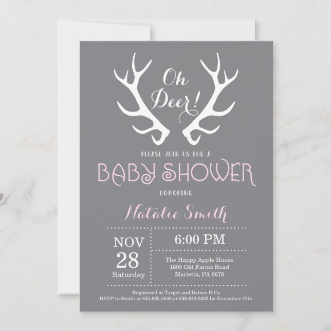 Deer Antler Baby Shower Invitation Gray and Pink (Front)