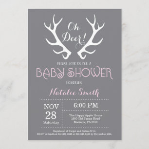 Deer Antler Baby Shower Invitation Gray and Pink