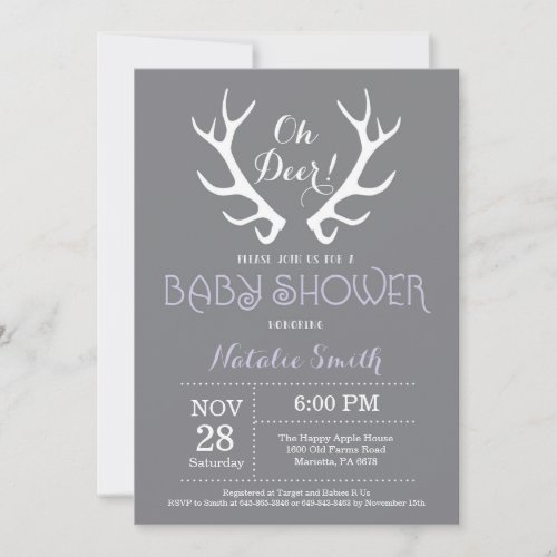 Deer Antler Baby Shower Invitation Gray and Purple