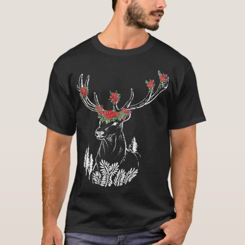 Deer antler Boho Floral Crown head graphic T_Shirt