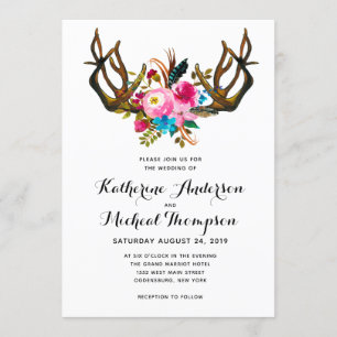 Deer Antler Floral Wedding Invitation