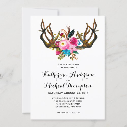 Deer Antler Floral Wedding Invitation