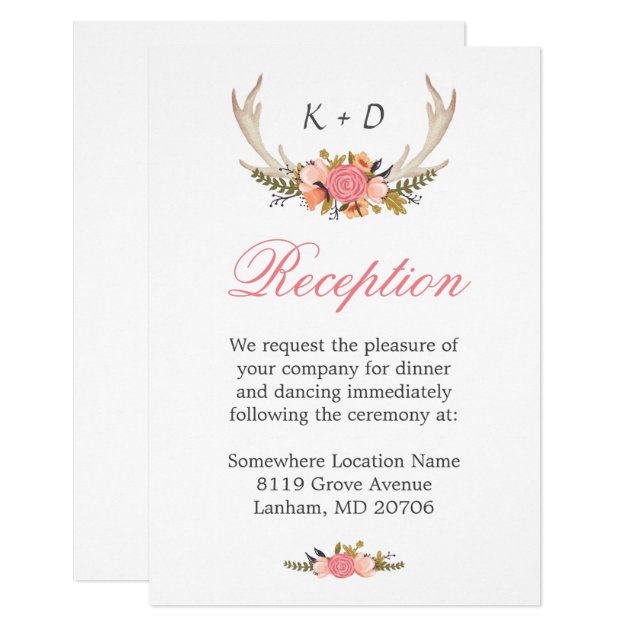 Deer Antler Floral Wedding Reception Direction Card