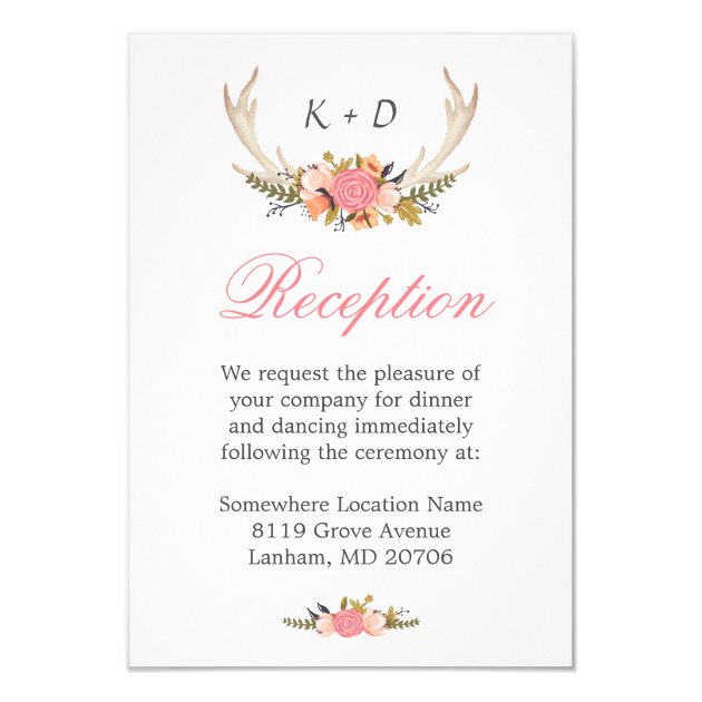 Deer Antler Floral Wedding Reception Direction Card